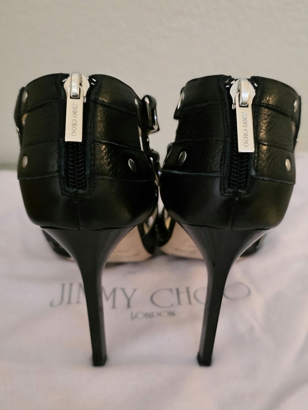 Jimmy Choo Black Leather Silver Studded Strappy Stiletto Heels EU 39, Fits US 8 - Picture 7 of 13